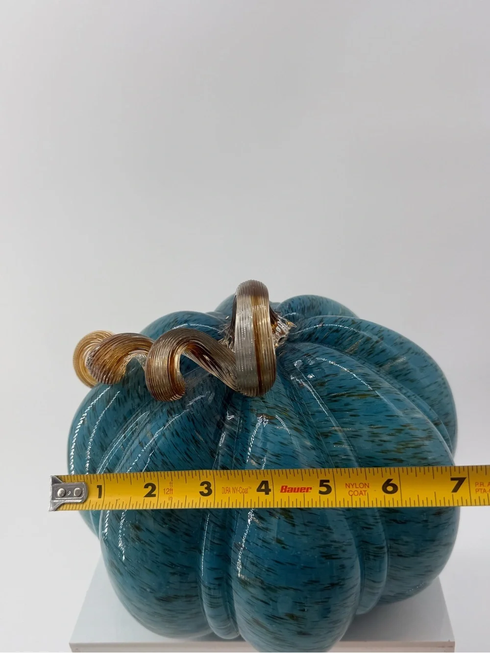 Teal Glass Pumpkin Accent with Gold-Tone Curled Stem